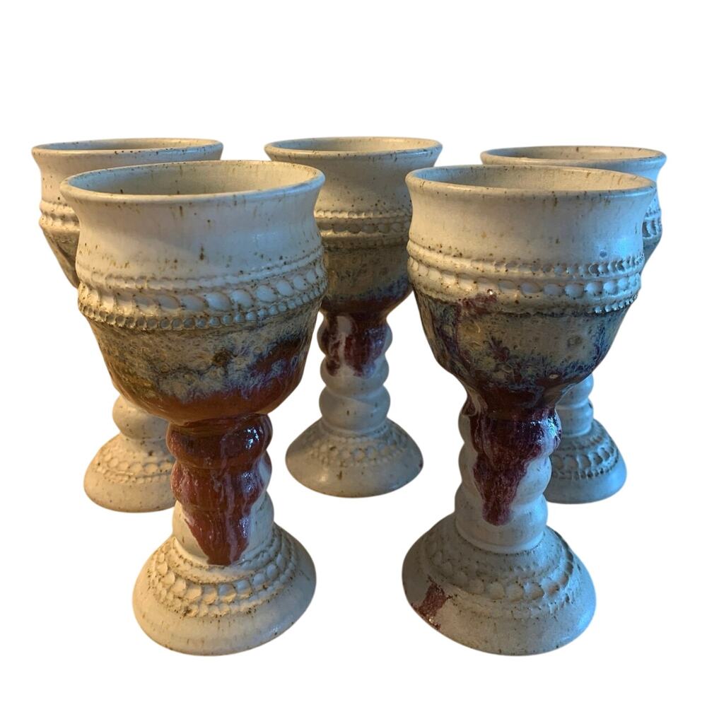 Set of 5 Leon Kula Pottery Drip Glaze Wine Goblets Renaissance Drinking Vessels